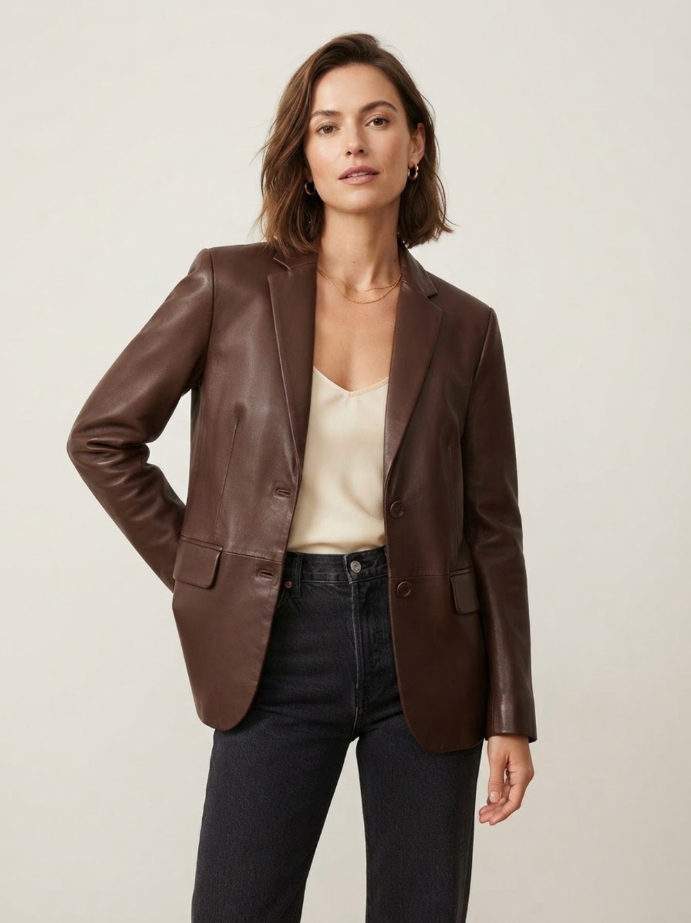 Lamarque Sz XS Genuine Leather Brown Relaxed Minimalist Blazer Jacket